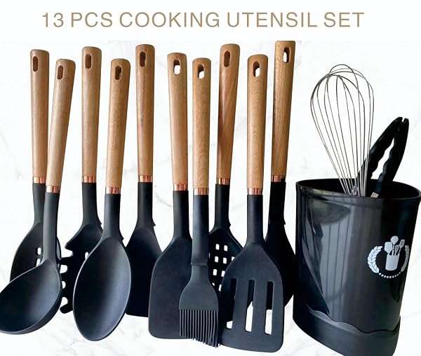 JIUFEI HOME 13-PIECE SILICONE KITCHEN UTENSILS SET, WOODEN HANDLE NONSTICK COOKING TOOLS WITH SPATULA TURNER TONGS LADLE, HEAT RESISTANT 450°F BPA-FREE DISHWASHER SAFE COOKWARE ACCESSORIES (WHITE)