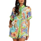 WUMODA Women's Printed 2 Piece Set 2025 Button Down Shirt and Shorts with Pockets Summer Beach Set
