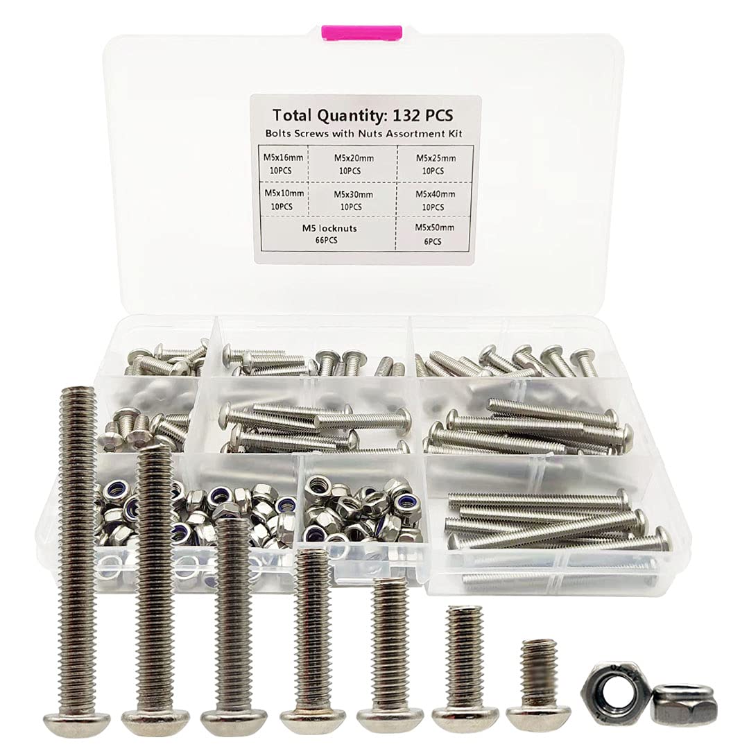 M5 Button Head Hex Socket Head Cap Bolts Screws Non-Slip Nuts Assortment Kit Stainless Steel (YTB-M5(10-16-20-25-30-40-50) MM 66PCS)
