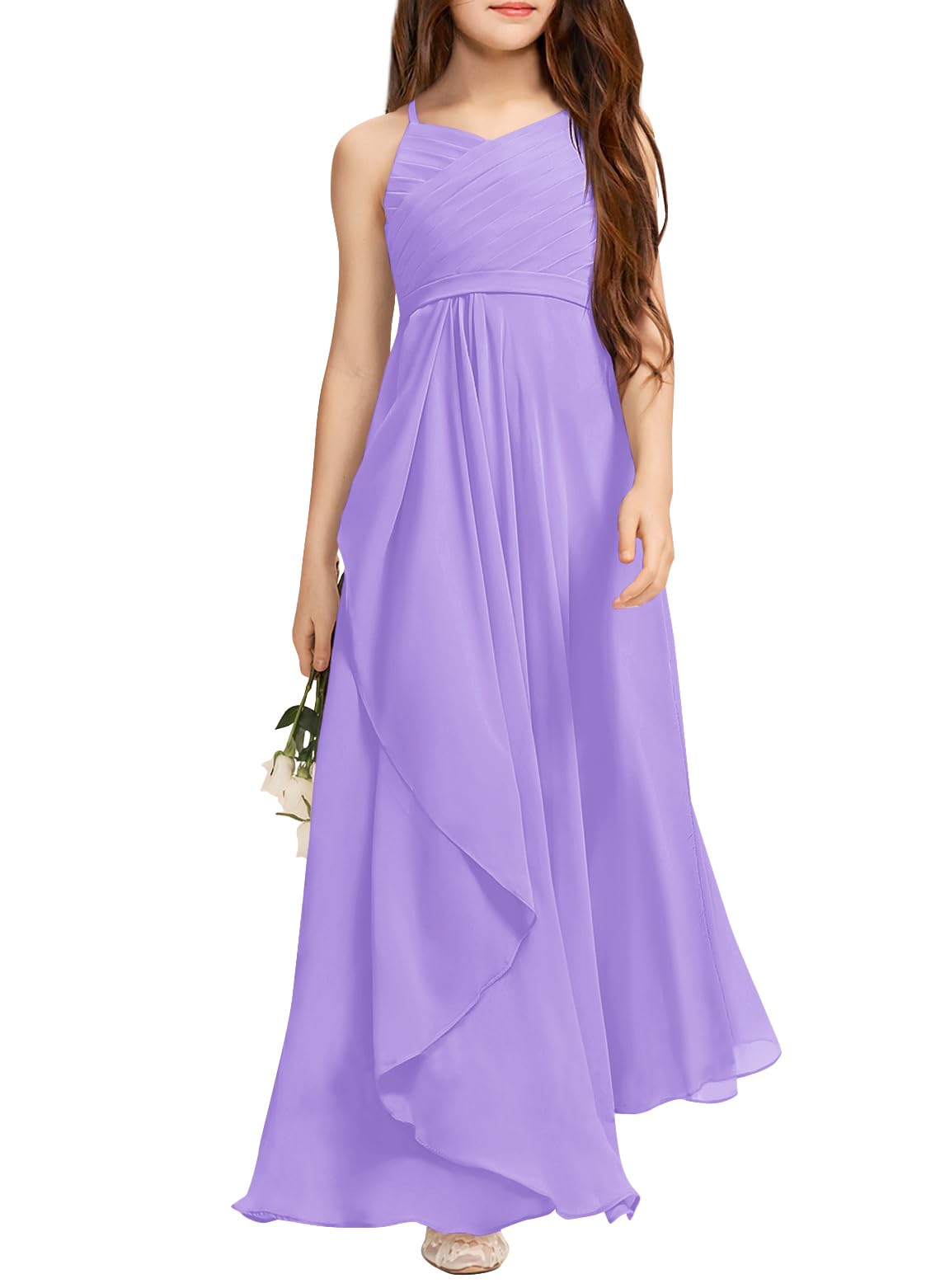 Photo 1 of (1 STRAP DAMAGED) (USED/FAIR) (BAGGED) (SMALL) Imily Bela Girls A-Line Halter Dress Junior Bridesmaid Flower Girl Flowy Chiffon Maxi Dresses Wedding Party Pageant Gown Small