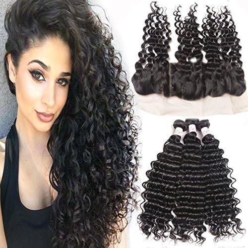 Brazilian Virgin Hair Deep Wave 3 Bundles with Lace Frontal (22 24 26 + 20) 8A Unprocessed Human Hair Weave With 13x4 Ear To Ear Lace Frontal Closure With Baby Hair Deep Curly Remy Hair Extensions