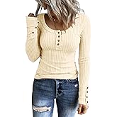 KINLONSAIR Women’s Long Sleeve Henley T Shirts Button Down Slim Fit Tops Scoop Neck Ribbed Knit Shirts