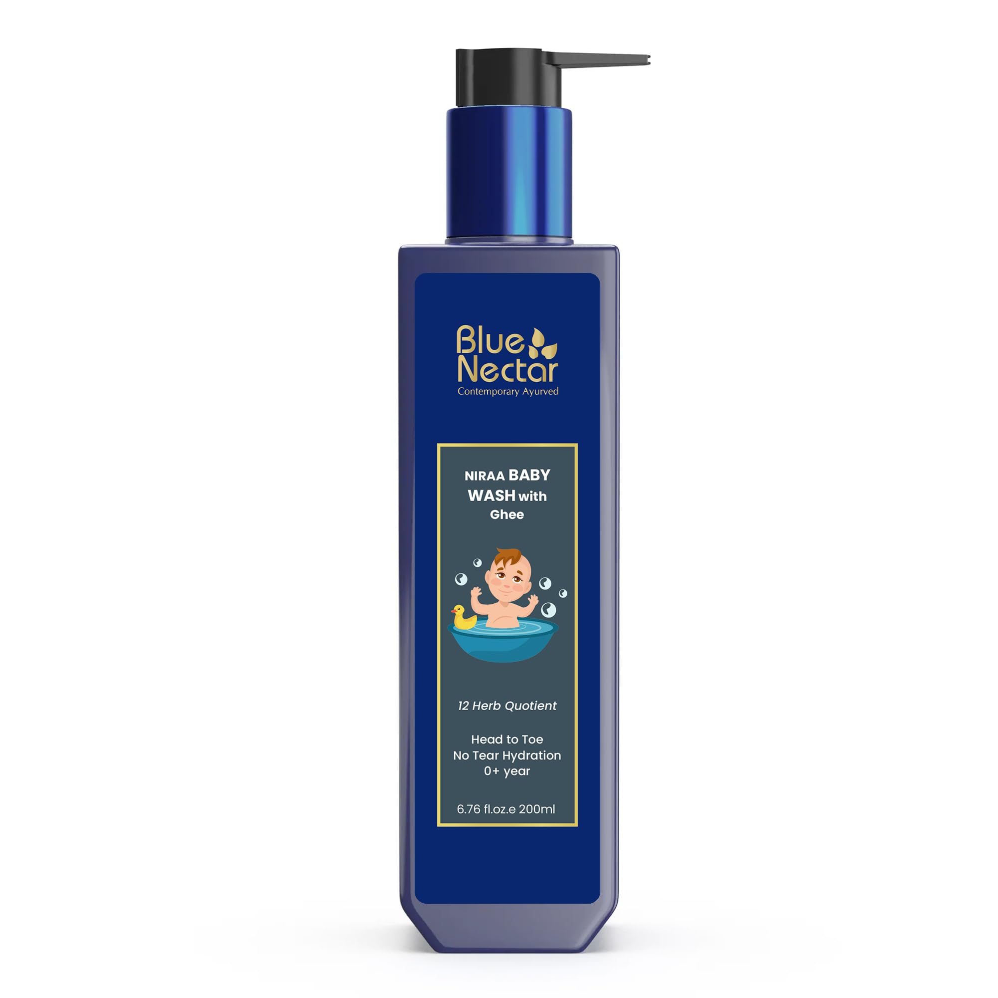 Blue Nectar Baby Wash with Organic Ghee | from Head to Toe | No Tear Hydration (200ml, 9 Herbs)