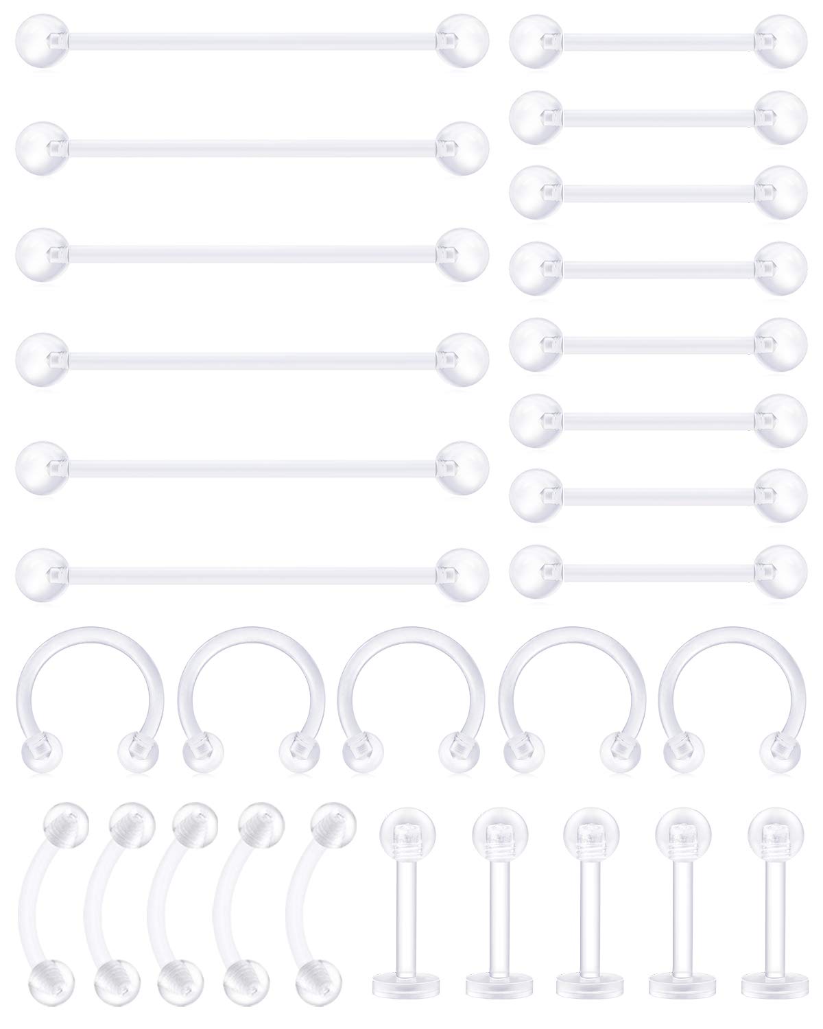 AceFun 29 pcs Mix Style Clear Piercing Retainer Flexible Lip Ear Nose Septum Eyebrow Nipple Tongue Rings Cartilage Tragus Retainer Bioflex Horseshoe Hoop Industrial Barbell