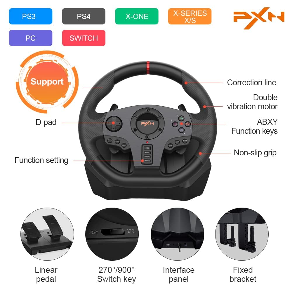 PXN V900 Gaming Steering Wheel - 270/900° Sim Xbox Racing Wheel with Pedals Paddle Shifter - for Xbox One,Series S|X, PC, PS4, Switch