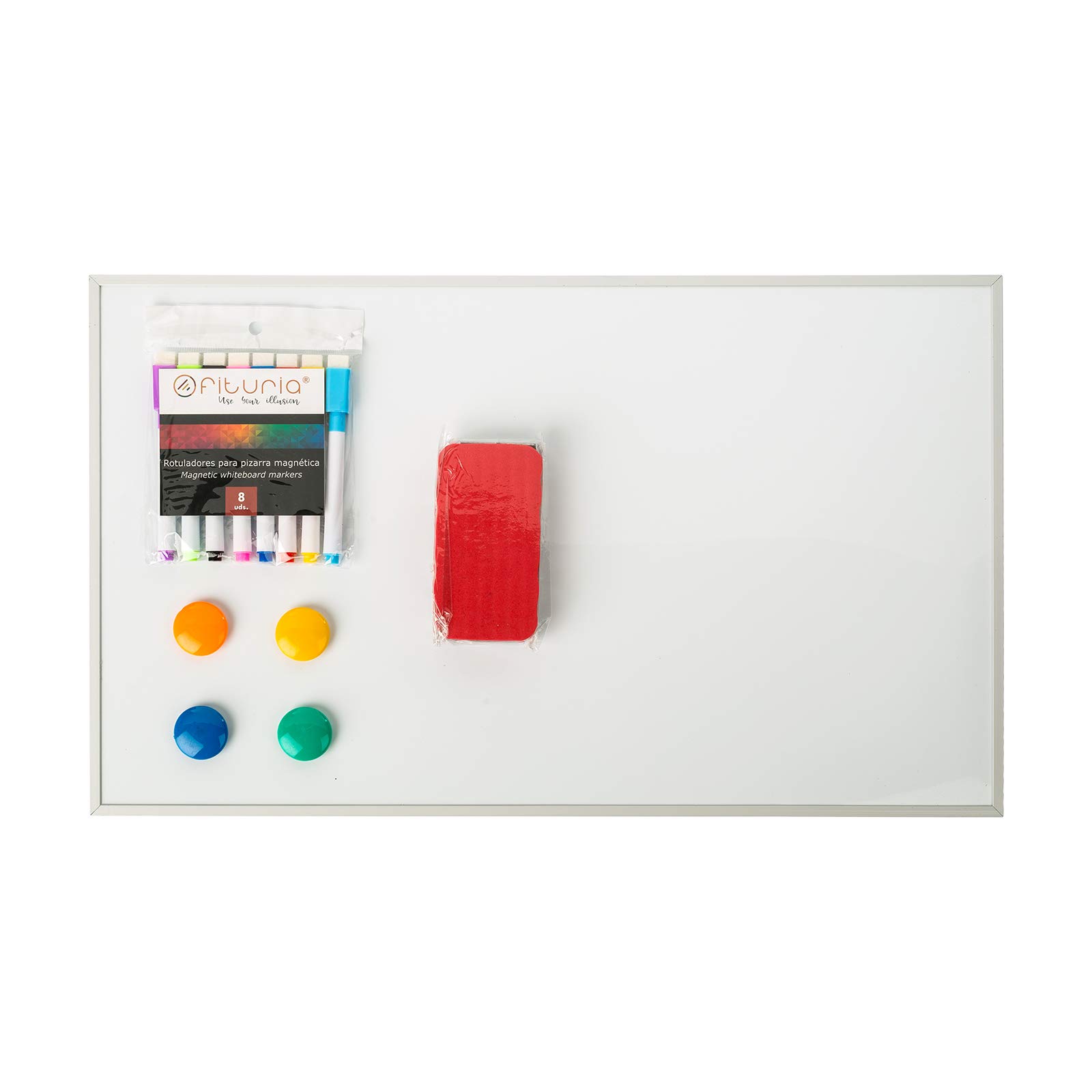OFITURIA Magnetic Whiteboard with Aluminium Frame Easy to Erase Dry (500 x 300 mm) with Markers, Magnets and Eraser (COM0057)