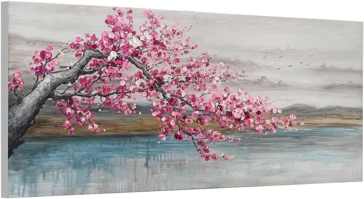 Paintings - GUMEYJIA Flower Wall Art Decor Hand-Painted Floral Oil Painting On Canvas Gallery Wrapped Large Framed Red Plum Blossom Blue Lake Mountains Birds Landscape Artwork Suitable for Home Living Room Bedroom Dining Room Decor 20x40 Inch X1 Piece