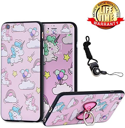 iPhone 6 Plus Case, iPhone 6S Plus Case With Holder Ring Kickstand, 360 Full Body Thin Cartoon Unicorn Cover With Tempered Glass Film Screen Protector And Lanyard Shell Skin For iPhone 6/6S Plus 5.5"