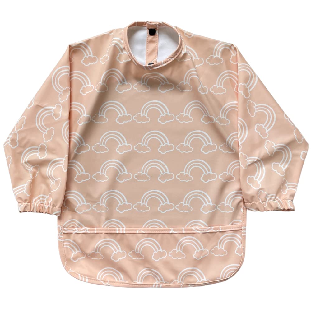 STL Products Long Sleeve Waterproof Coverall Baby Weaning Feeding Bib With Catch All Pocket For Ages 6 To 36 Months (Cream With Rainbow Pattern)