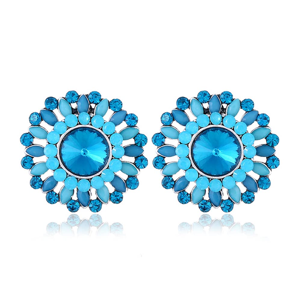 Vintage Big Flower Stud Earring for Women Girls Antique CZ Crystal Colourful Resin Fashion Charm Bohemia Promise Statement Wedding Cocktail Party Earrings Art Deco Jewelry Birthday 4 Colors (Blue)