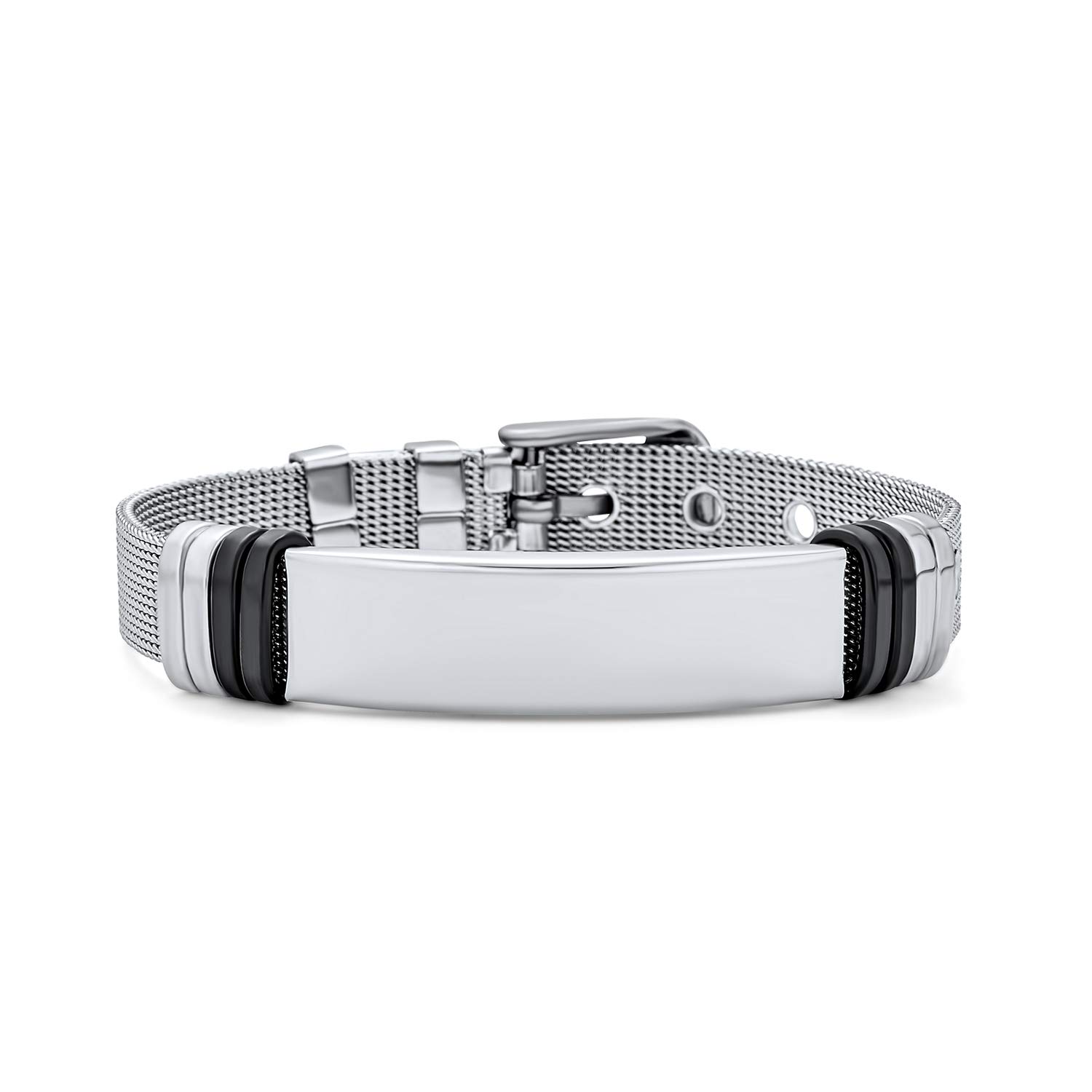 Bling Jewelry Personalize Engravable Identification Name Tag Bracelet Wrist Band Belt Buckle Mesh Bracelet For Men Women Silver Tone Stainless Steel Adjustable