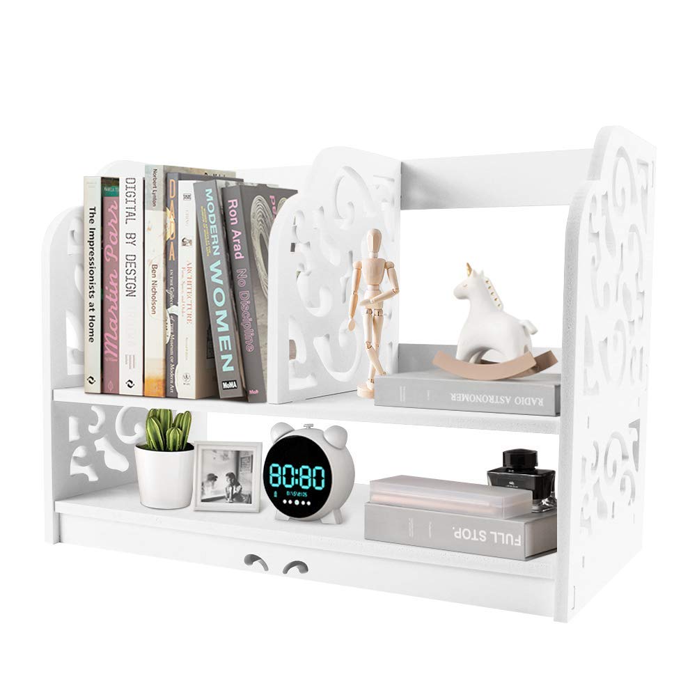 Desk Book Shelf 2 Tier Wooden PVC Board Desktop Bookcase Storage Organizer Mini Makeup Rack DIY Holder Small Cosmetics Display Standing for Home Office Bedroom Living Room 30 x 21 x 40 cm (White)