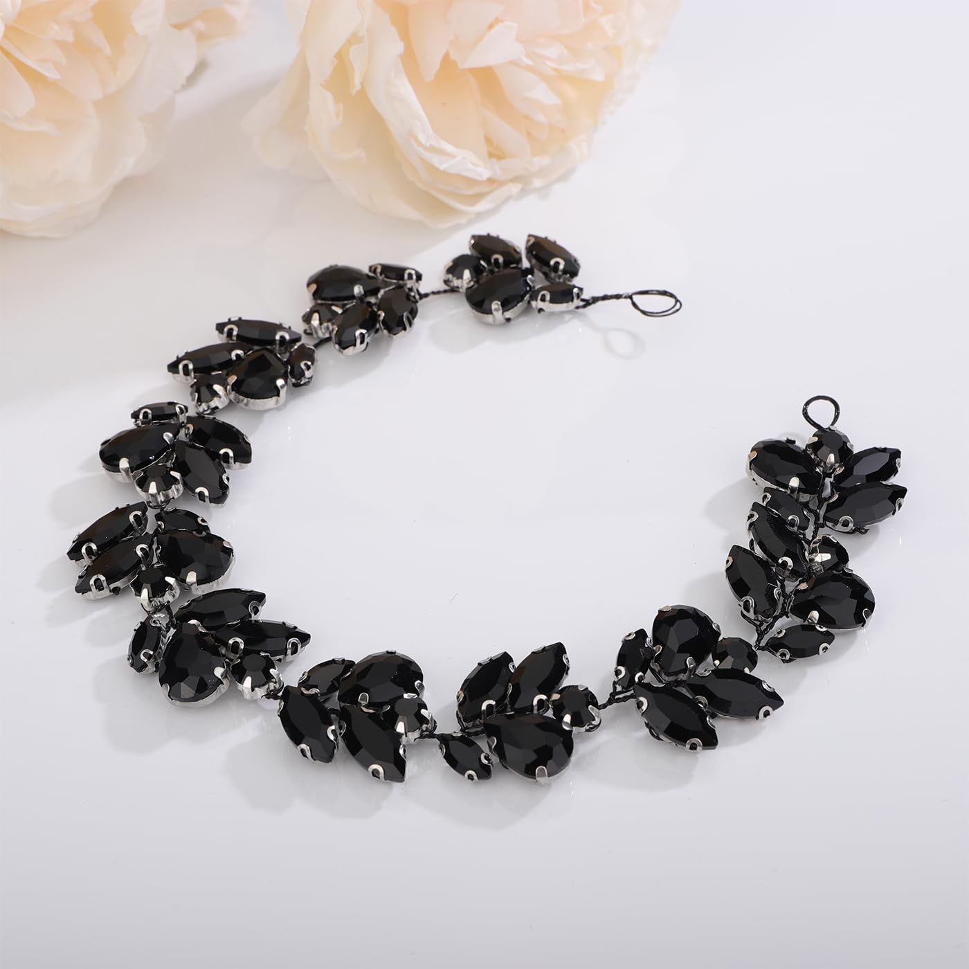 Kercisbeauty Big Black Rhinestones Hair Band Handmade Vintage Headband for Wedding Party Halloween Costume Special Occasion