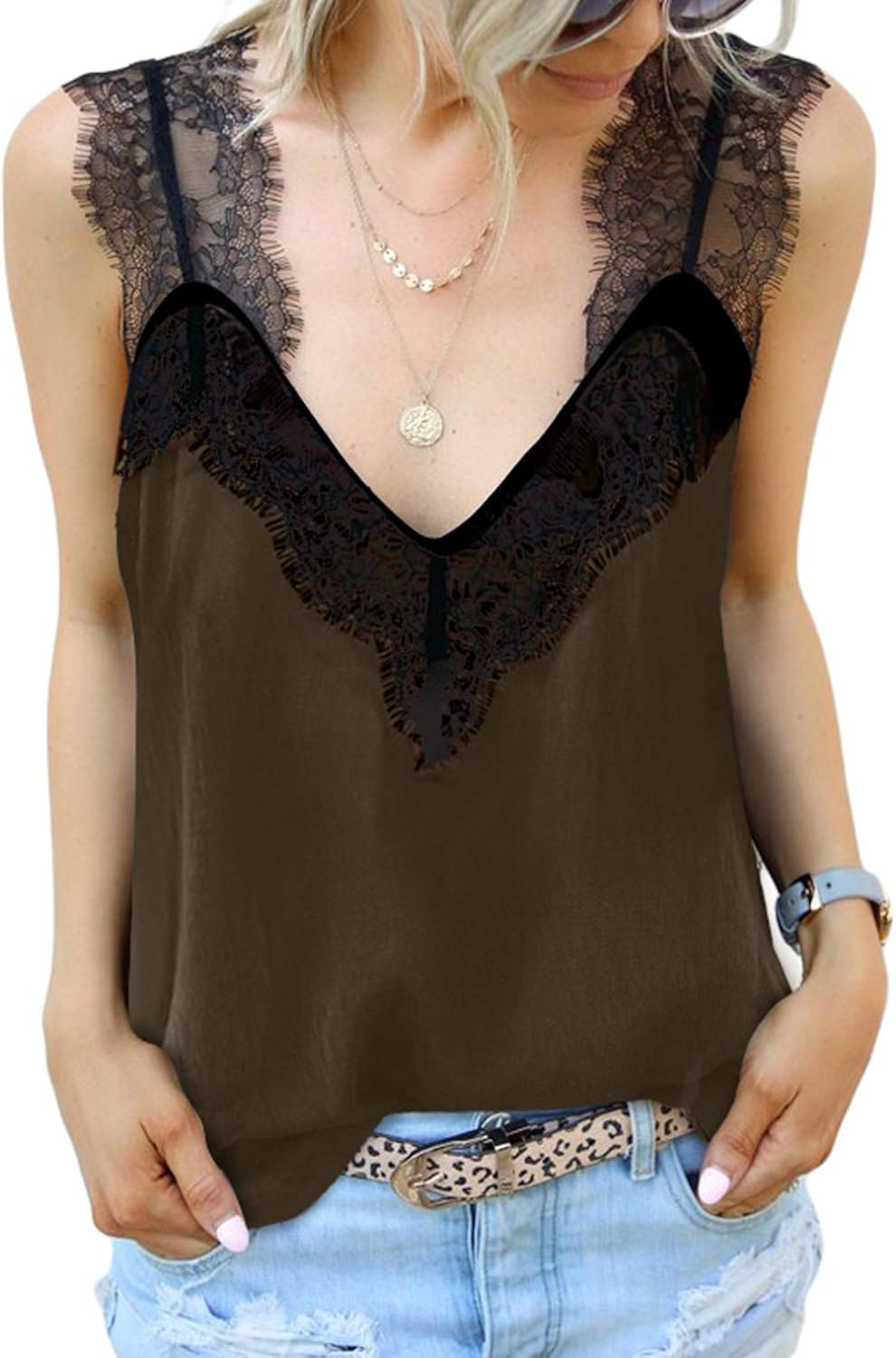BLENCOT Women's V Neck Lace Strappy Cami Tank Tops Casual Loose Sleeveless Blouse Shirts at  Women’s Clothing store