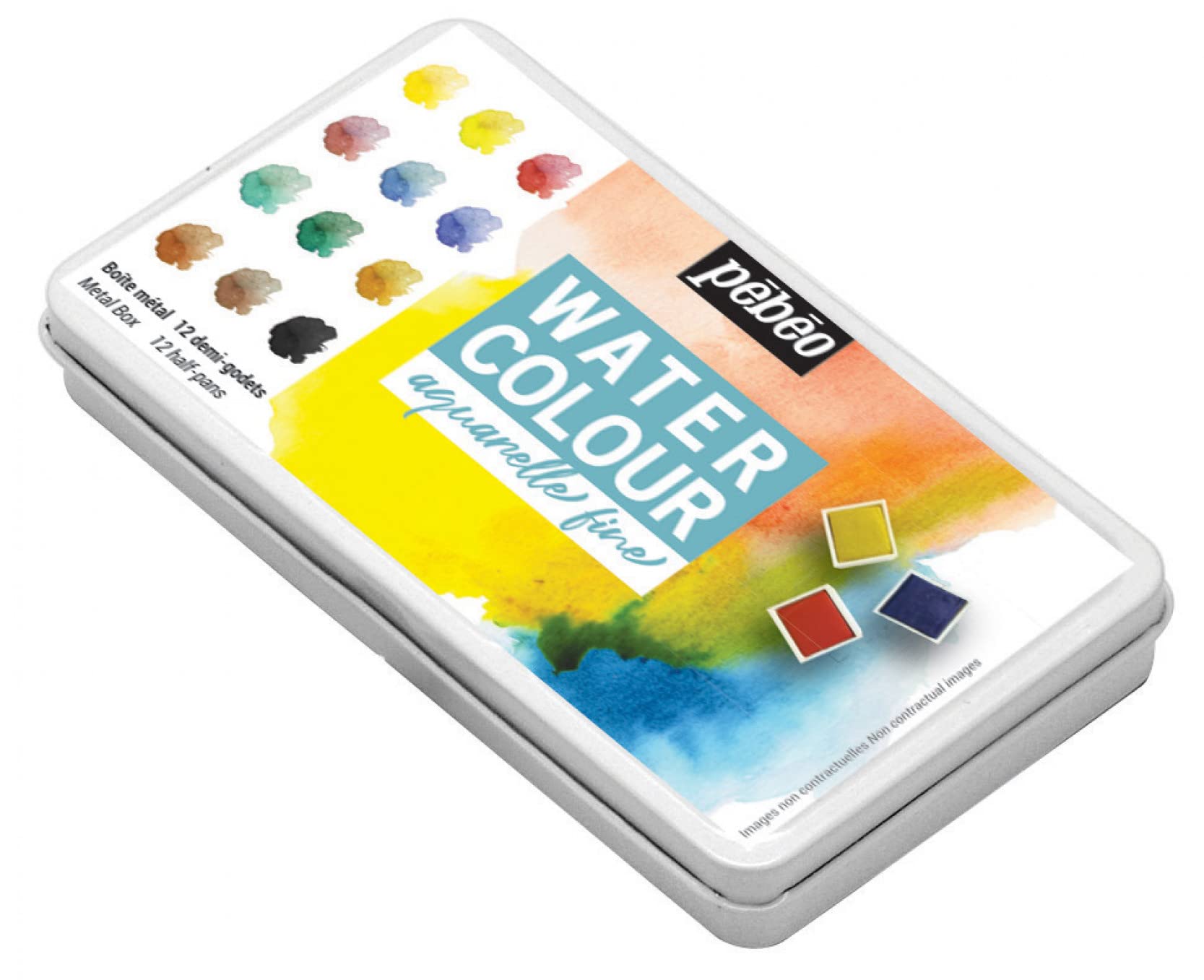Pébéo - Watercolour Fine Pocket Metal Box 12 Half Buckets Watercolour Painting Set - Kit Watercolour Palette 12 Half Buckets, 300035