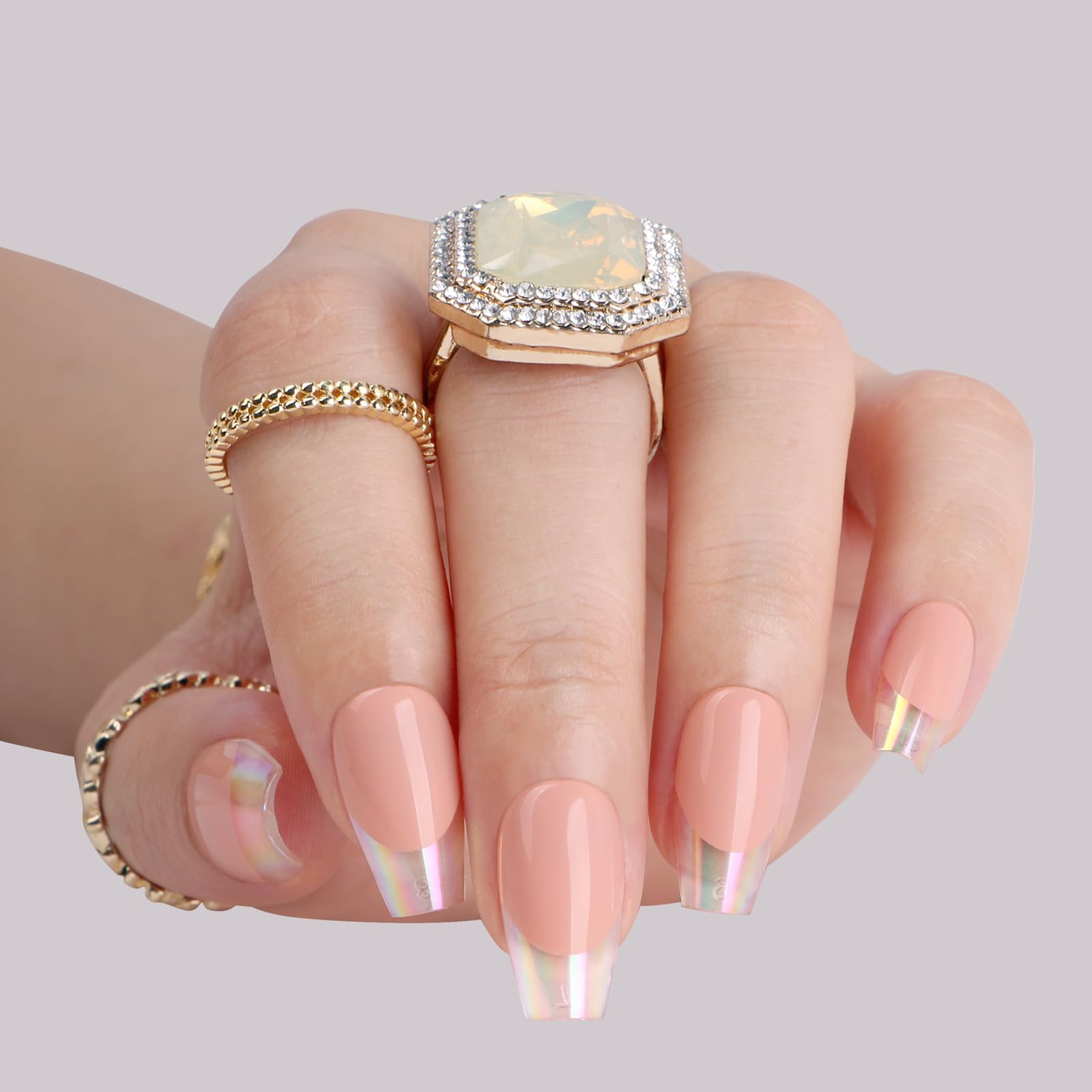 Photo 1 of Polychrome&air Press On Nails- Holo Rose | Short Coffin Velvet Pink Transparent French Tips Press On Nails | 15 Sizes False Nails | Reusable Fake Nails with Glue On Nails Kit | Salon Quality