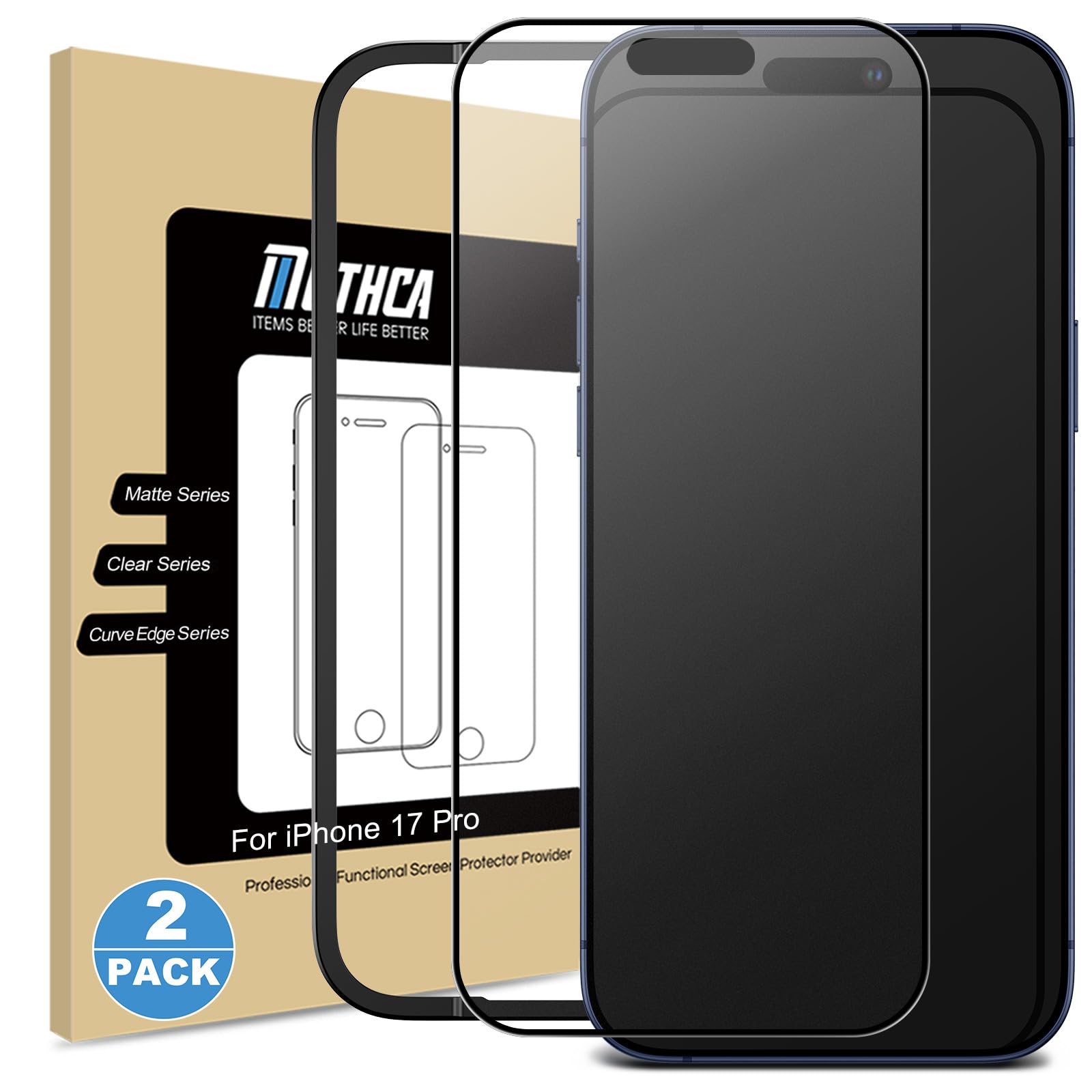 Mothca 2 Pack Matte Glass Full Coverage Screen Protector for iPhone 17 Pro 6.3-inch, Anti-Glare Anti-Fingerprint Black Edge Tempered Glass with Easy Installation Tool, Smooth as Silk