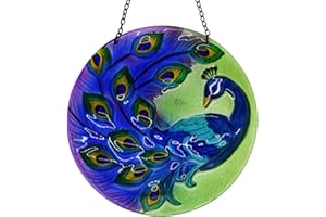 OUISJYER Peacock Stained Glass Window Hanging, 3D Suncatcher for Window with Metal Chain 10" Dia