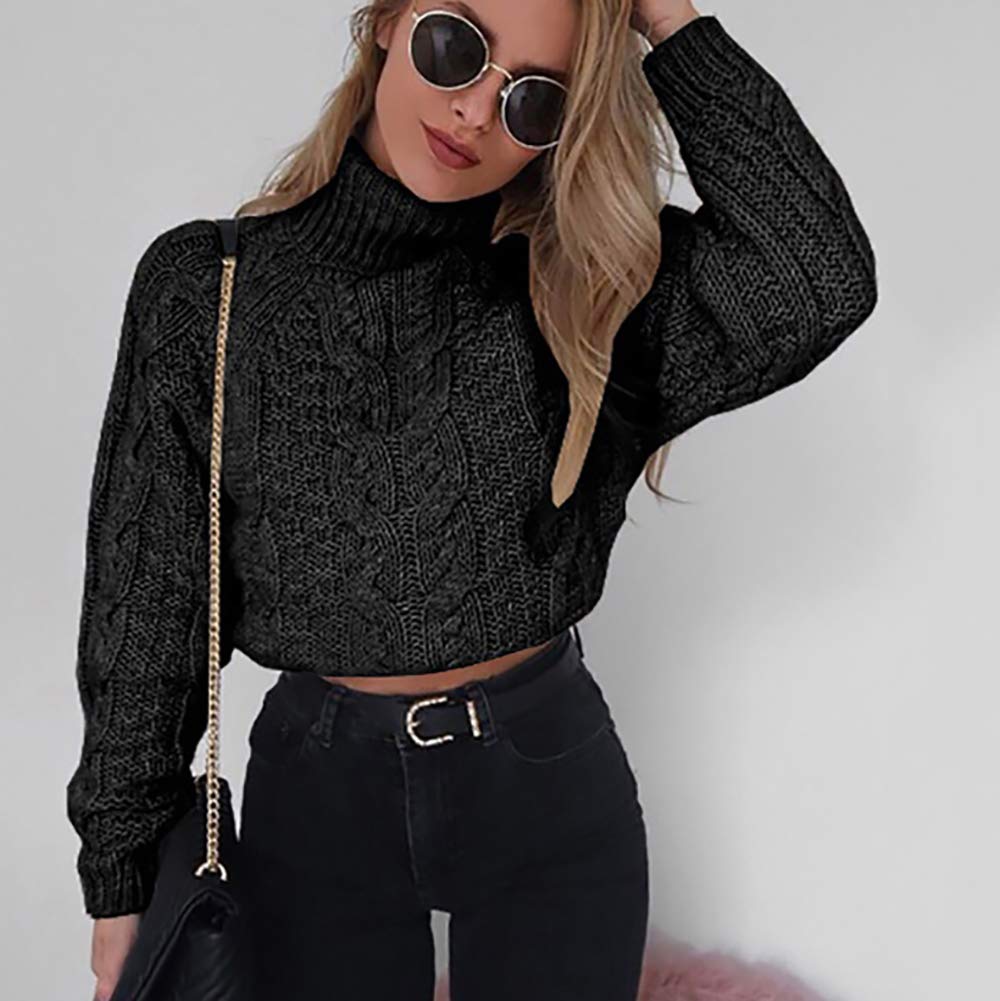 Pevor Womens Casual Turtleneck Long Sleeve Chunky Fall Winter Pullover Jumper Knited Sweater Crop Tops Black L