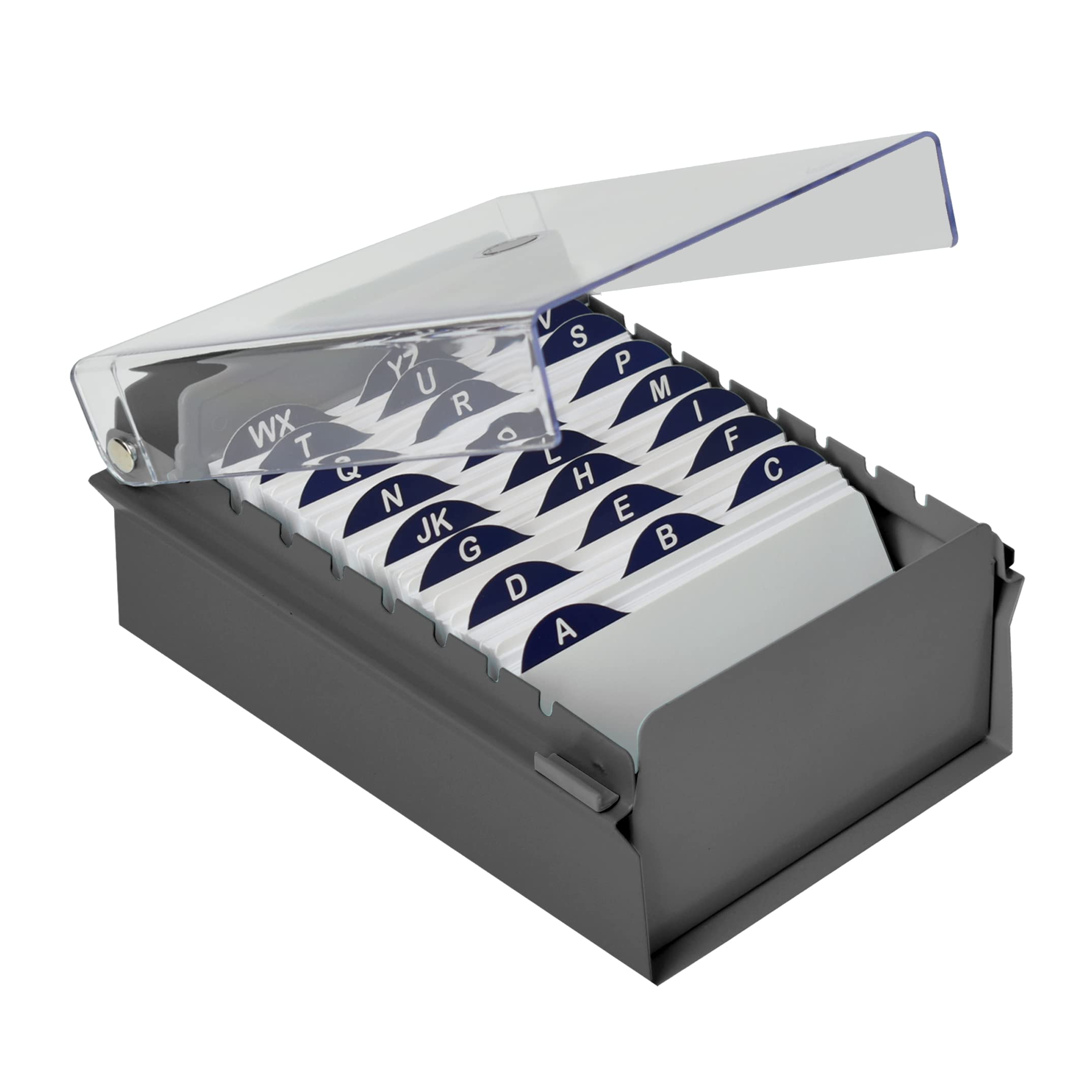 Acrimet 3'' X 5'' Card File Holder Organizer Box Metal Base Heavy Duty (AZ Index Cards 130mm width x 90mm height and Divider Included) (Gray Color with Clear Crystal Plastic Lid Cover)