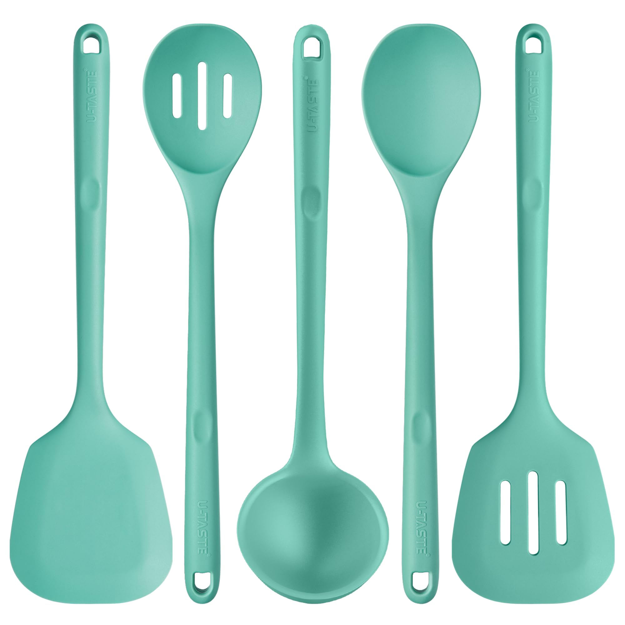 Photo 1 of 600ºF Heat Resistant Kitchen Utensil: U-Taste 13.6" Extra Long Silicone Cooking Tools Set, Food-Grade Non-Stick Solid and Slotted Turner Spatula, Mixing Spoon, and Soup Ladle (5 Pieces, Aqua Sky)