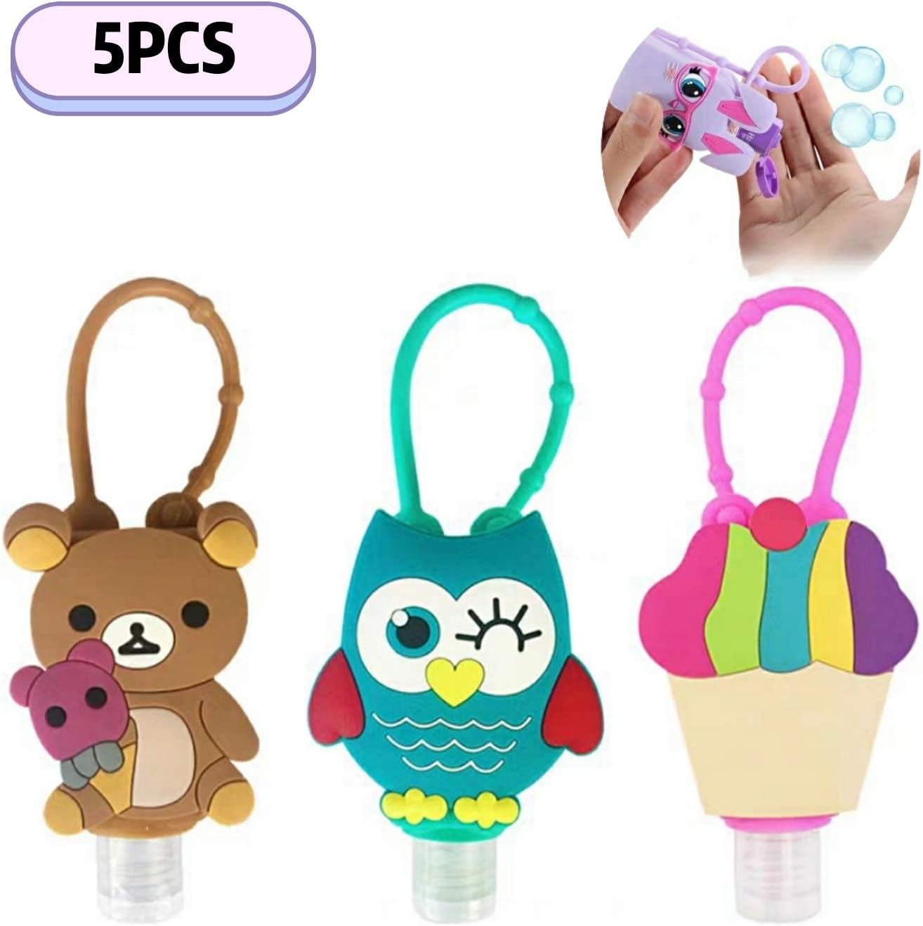 Cartoon Hand Sanitizer Holder, Mini Portable Detachable Kids Travel Bottles Keychain, Cute Silicone Reusable Bottles 30 ML Random Color (5Pack)