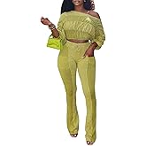 NRTHYE Women Washed Ruched 2 Piece Outfits Off The Shoulder Ruffle Long Sleeve Top High Waisted Casual Flare Pants Sets