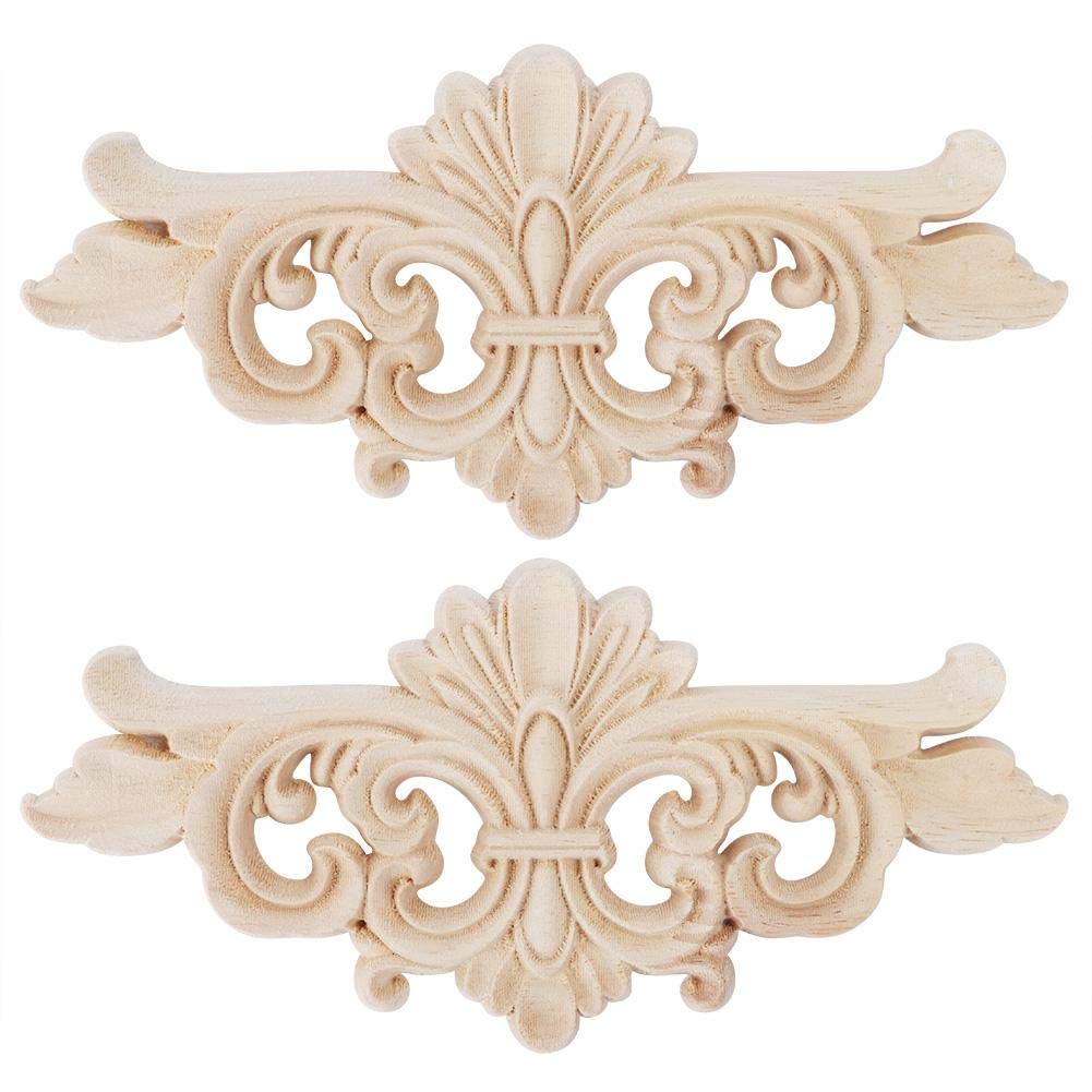AUNMAS 2Pcs Wood Appliques, 16 * 7.5 cm Wooden Flower Carved Long Onlay Applique Carving Decal Furniture Decorative Mouldings for Bed, Door, Cabinet, Dresser, Wardrobe, Furniture Decoration