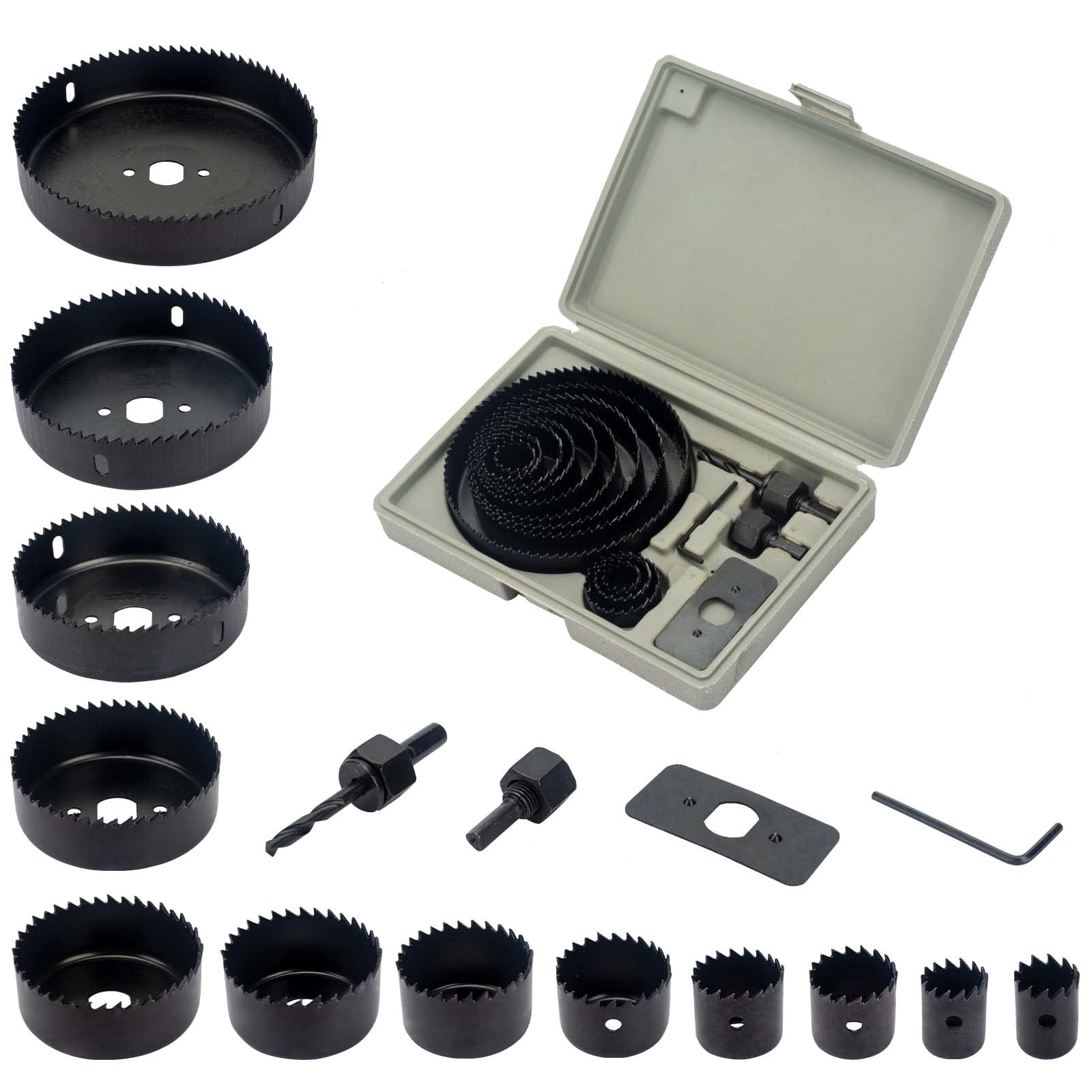 16PCS Hole Saw Kit, 19-127mm Carbon Steel Downlights Drill Bit Tools Cutter Set for Soft Wood, Plywood, PVC Board