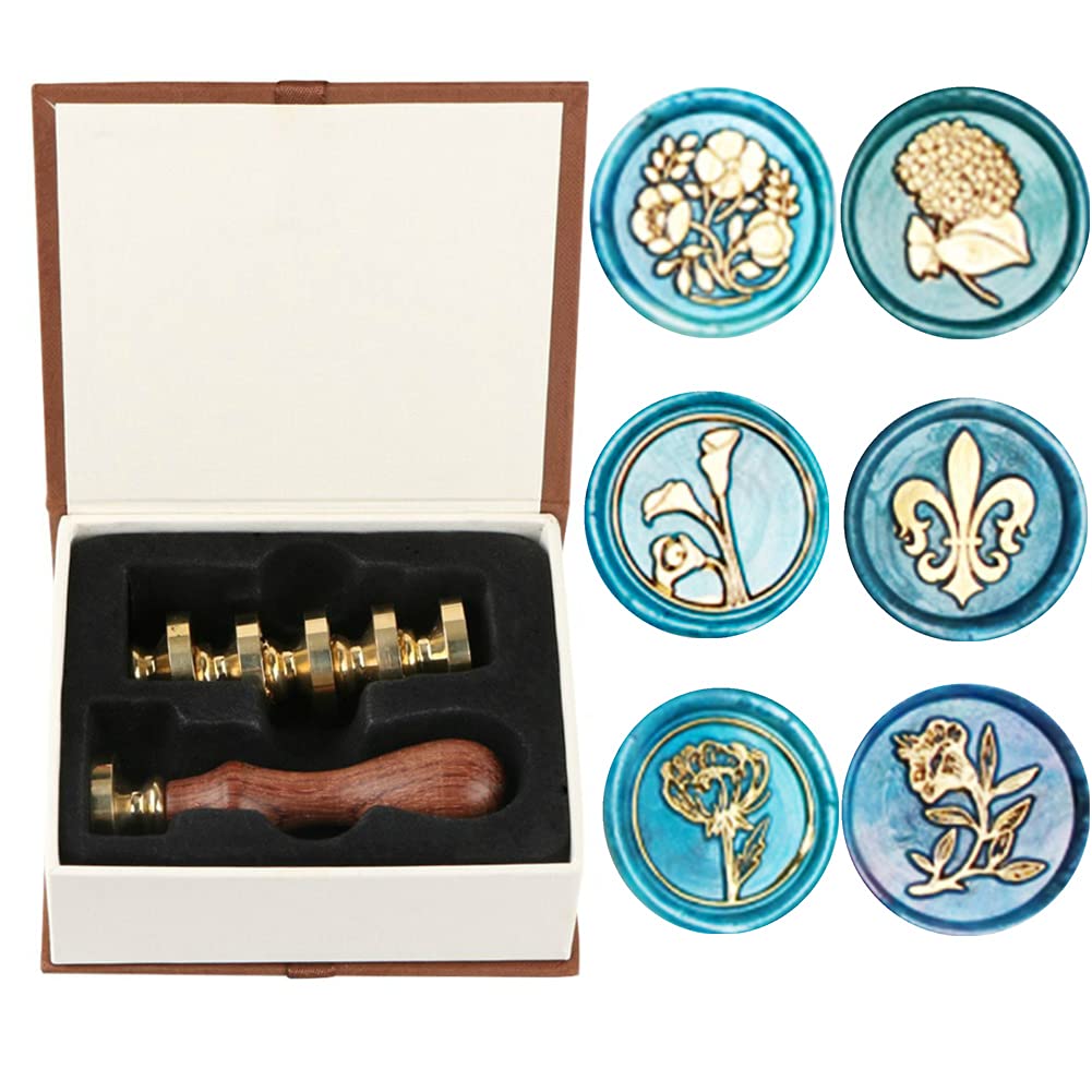 Wax Seal Stamp Set, ANBOSE Cherry Chamomile Sunflower Rose Magnolia Wax Seal Stamp Kit Including 6 Pieces Sealing Wax Stamps Copper Seals + 1 Wooden Hilt (B)