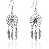 KaFu Woman Retro Silver BOHO Style Metal Dangle Drop Earrings Dream Catcher Statement Feather Dangle Tassels Turquoise Earrings for Women Girls
