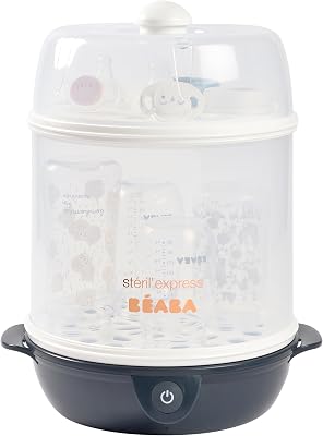 Sterilizzatore per biberon 2 in 1, Evolutivo, elettrico a vapore, 2 in 1, 2 scomparti, fino a 8 biberon e accessori, ultra rapido, timer, Steril'Express, blu notte