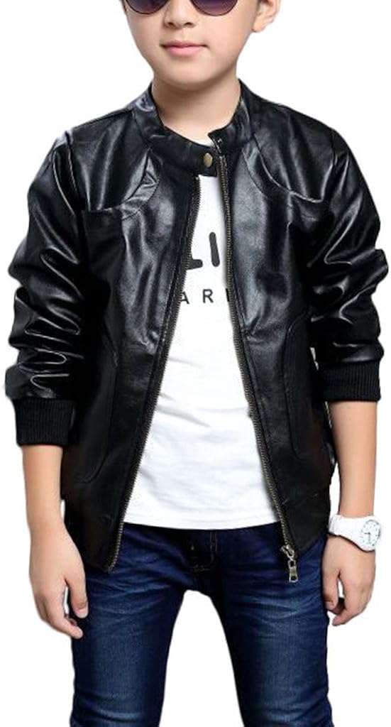 Chinaface Boy's Trendy Stand-Collar PU Leather Spring Moto Jacket Black: Clothing