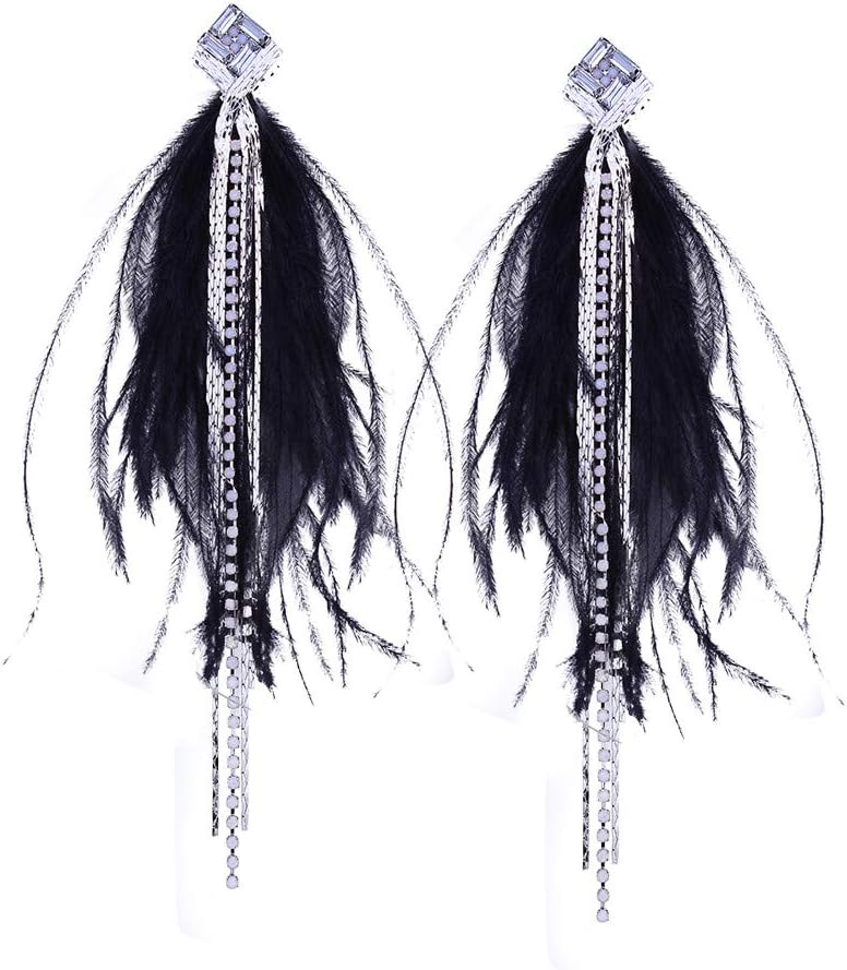 Wensltd 1 Pairs Elegant Women Feather Tassel Long Dangle Hook Bohemian Boho Earrings Jewelry