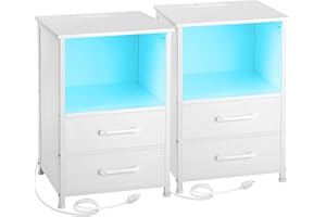 LOAKEKEL White Night Stand Set 2, LED Nightstand with Charging Station, End Tables with 2 Fabric Drawers, Bedside Table with USB Type C Port and Outlets for Bedroom, HNS032WT