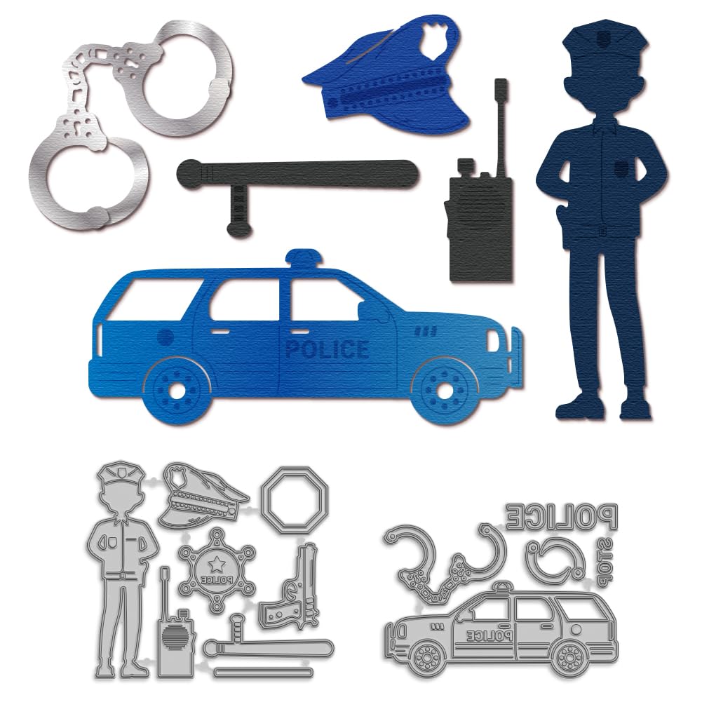 MAYJOYDIY Police Theme Die Cuts Police Badge Hat Car Metal Cutting Dies Stop Road Signs Carbon Steel Stencil Template for Paper Card Making DIY Scrapbooking Album Craft Decor