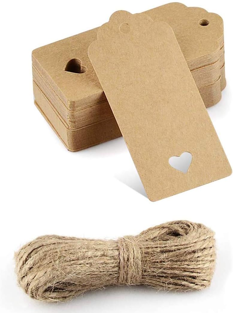 Kraft Paper Gift Tags - 50PCS Brown Heart Wedding Favour Name Tags with Jute Twine String, Brown Tag-50Pcs, 9cm*4cm - Image 3