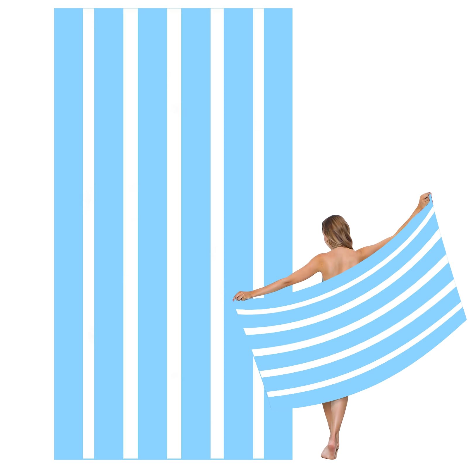 Large Quick Dry Microfibre Beach Bath Towel,Double Sides Light Blue White Striped Sand Free Beach Towel with Bag,Lightweight Gym Yoga Sports Towel,Compact Travel Summer Beach Towel for Women Men