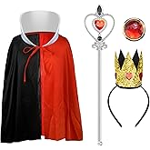 Abitoncc 4Pcs Queen Hearts Dress-up Accessories with Cape Crown Wand Red Brooch for Women on Halloween Xmas