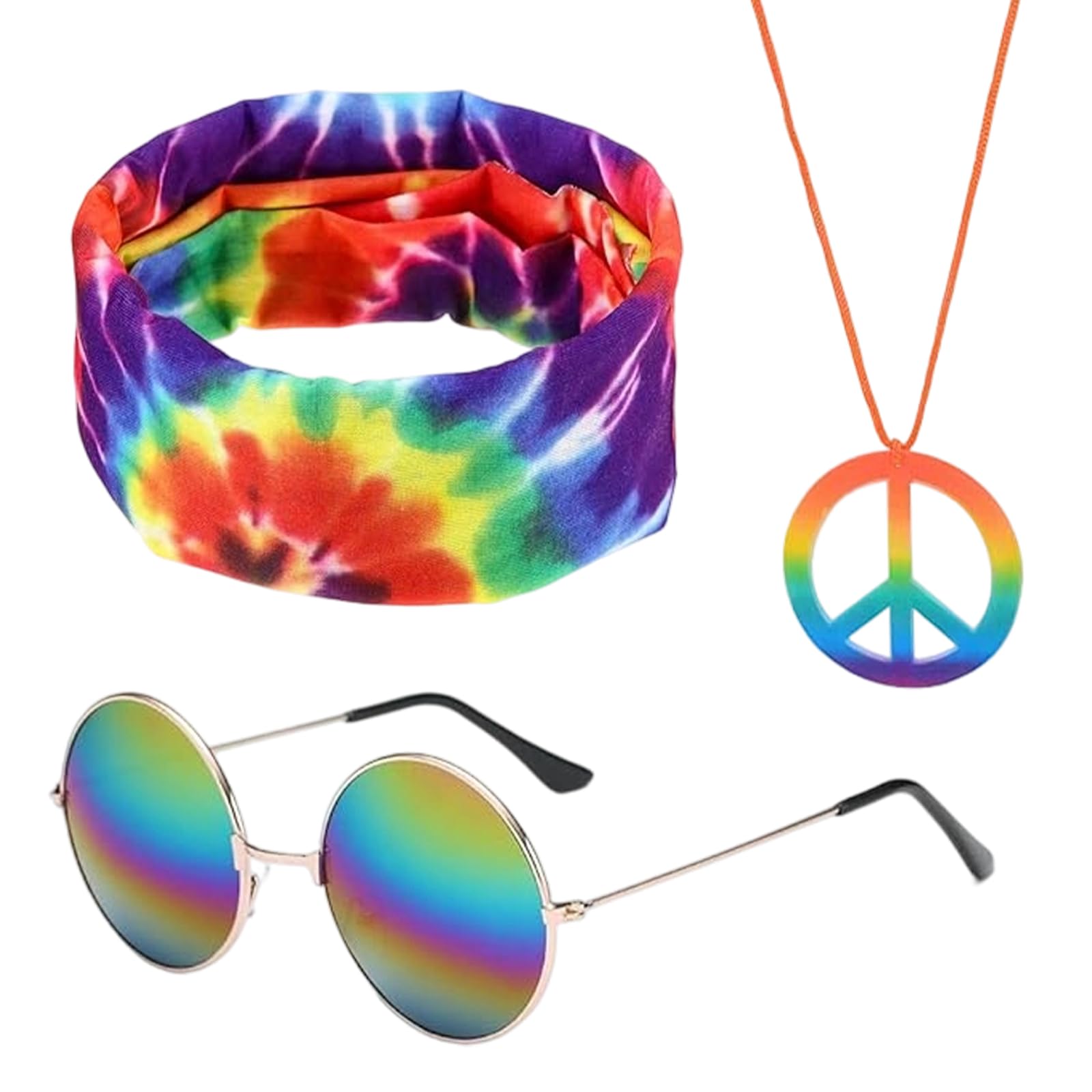 BOGCLEE 3 Pieces Hippie Costume Set, 60s 70s Hippie Costume Accessories Set, Sunglasses, Headband, Peace Sign Necklace, Retro Party Cosplay Dressed