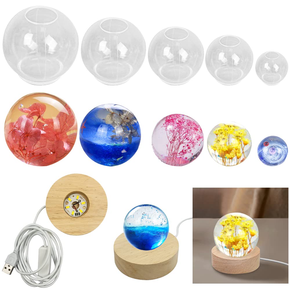 5 PCS Clear Silicone Ball Molds, AFUNTA 3D Sphere Silicone Resin Mold Round Ball Epoxy Resin Mold with USB Powered Lighted Base Stand, for Jewelry Making, Home Decoration