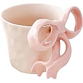 Movlen Pink Ceramic Coffee Mug with Bow Handle, Cute Girly Cup for 14oz, Handmade Kawaii Soup Mug for Latte Tea Milk Cocoa, Pretty Birthday Valentine Gifts for Women and Girls