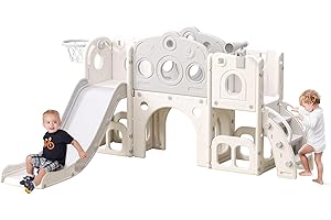 CuFun 8 in 1 Toddler Slide, Outdoor Indoor Playset for Kids Baby Age 1-3, Childs Climber Slide with Storage Space and Non-Slip Steps, Basketball Hoopa and Telescope, Grey & White
