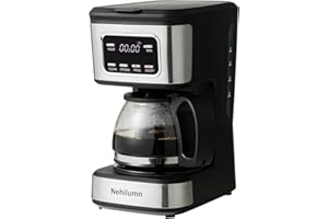 Nehilumn 5-6 Cup Programmable Coffee Machine, Reusable Filter, Coffee Pot, Water Level Indicator, Automatic Shut-Off, Black&Stainless Steel
