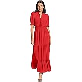 London Times Womens Smocked Puff SLV Ruffle Nk Tiered Midi Dress