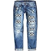 Astylish Womens Soccer Patchwork Destroyed Stretch Loose Boyfriend Jeans Classic Ripped Hole Denim Pants Blue X-Large