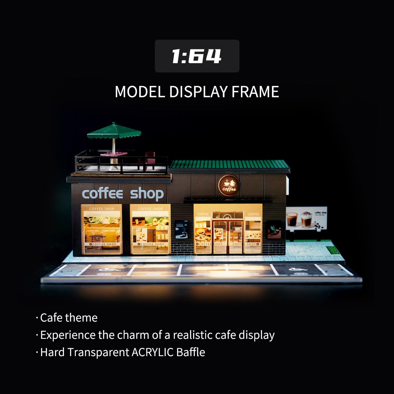 Cotymko 1/64 Diorama Garage, Model car Garage and Display case, Coffee House Diorama Display Parking lot with LED Lights and 5 Outdoor Parking Spaces for Toy car Collectors