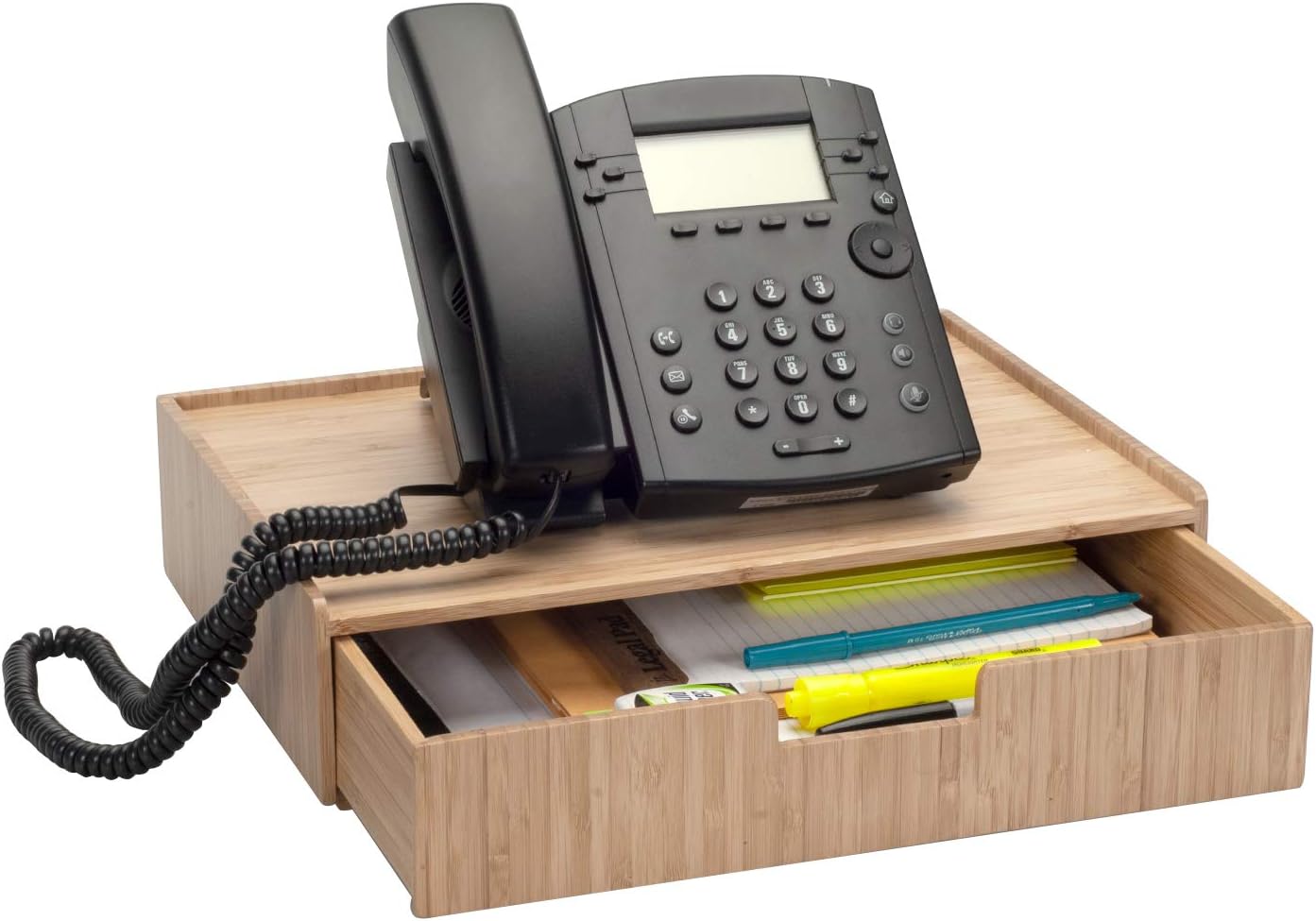 Bamboo Telephone Stand with Drawer Stackable Storage Solution for Office Products Pens, Pencils, Scissors, Notepads, Business Cards and More : Office Products