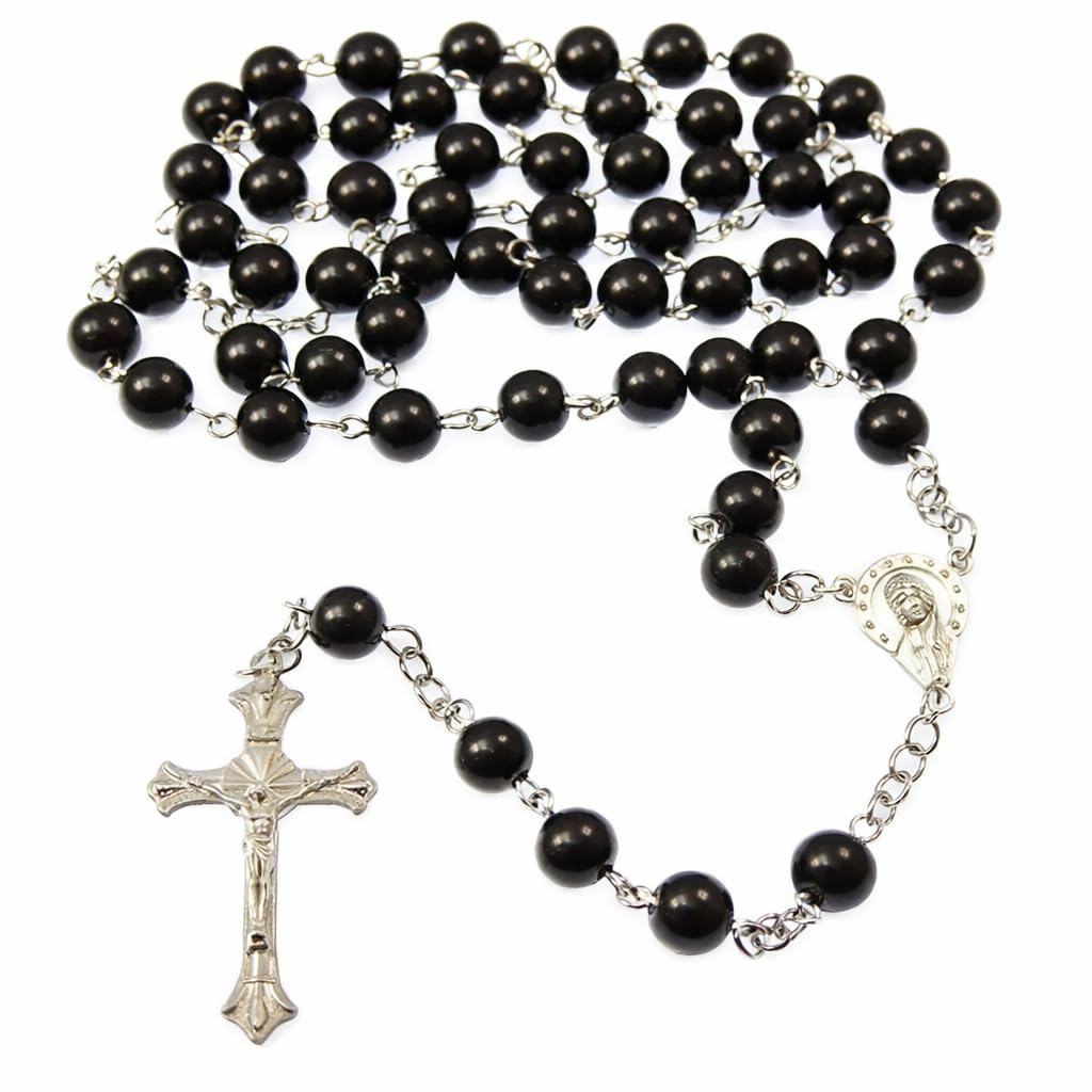 JRose Collections Glass Rosary Beads 8mm Black – Catholic Prayer Rosary with Silver Tone Crucifix and Centre Medal – Smooth Round Beads for Daily Devotion and Reflection