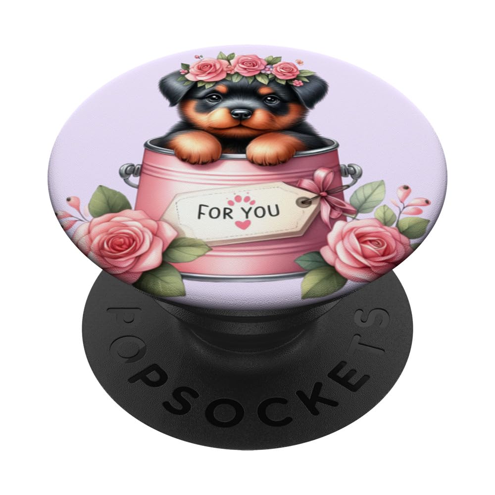 Rottweiler Puppy Pink Flower Bucket Rottweiler Dog Valentine PopSockets Swappable PopGrip